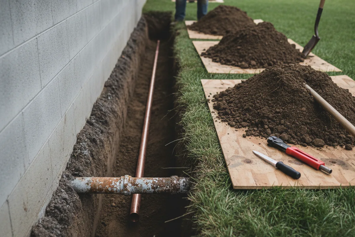 Excavated water line trench during Water Softener Installation in Kodak